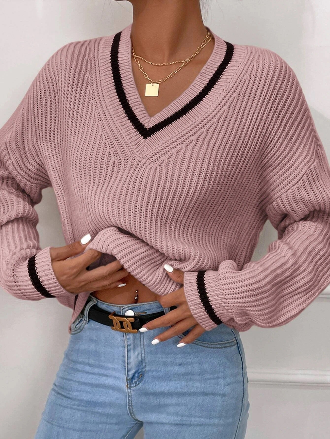 Winter Women's Clothes Cable Knit V Neck Sweaters Casual Long Sleeve Striped Pullover Sweater Trendy Loose Preppy Jumper Top
