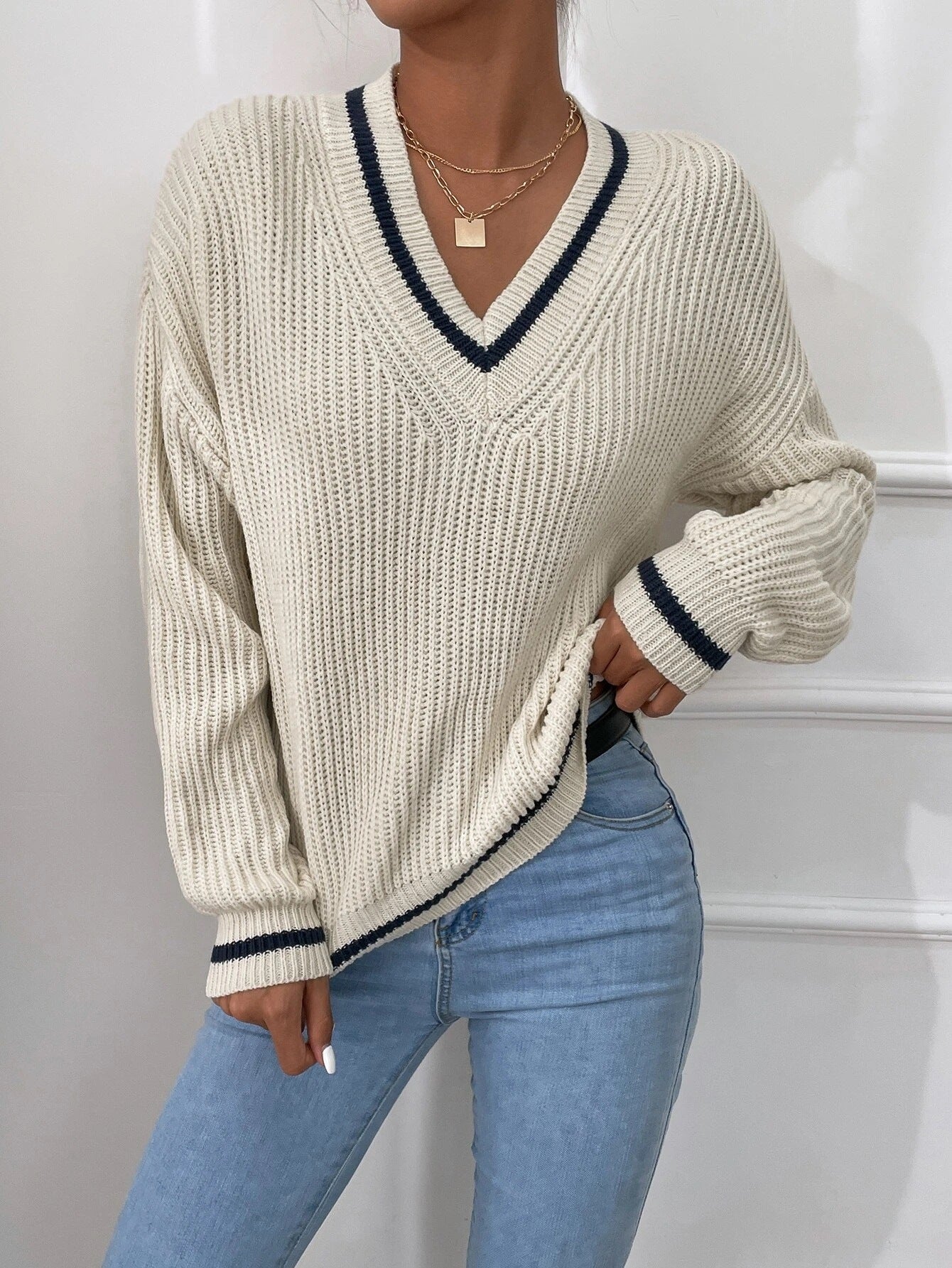 Winter Women's Clothes Cable Knit V Neck Sweaters Casual Long Sleeve Striped Pullover Sweater Trendy Loose Preppy Jumper Top