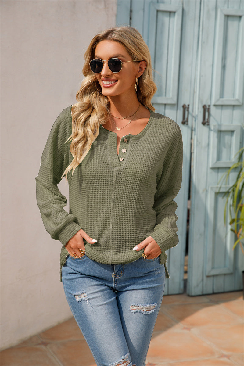 Women's Fashionable Round Neck Waffle Knitted Pullover